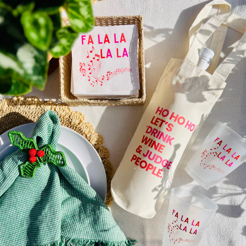 "Ho Ho Ho Let's Drink Wine & Judge People" Canvas Wine Tote - Funny Christmas Wine Gift Bag For Friends & Family