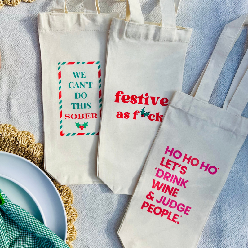 "Ho Ho Ho Let's Drink Wine & Judge People" Canvas Wine Tote - Funny Christmas Wine Gift Bag For Friends & Family