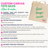 An infographic explaining how to order custom canvas tote bags, featuring a beige tote bag with green text on the right and a step-by-step ordering guide on the left.