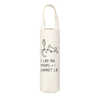 Canvas wine bag featuring a cartoon illustration of a cat holding a champagne flute and text that reads "I Like Big Pours & I Cannot Lie" against a white background.