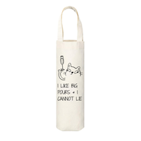 Canvas wine bag featuring a cartoon illustration of a cat holding a champagne flute and text that reads "I Like Big Pours & I Cannot Lie" against a white background.