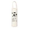 Canvas wine bag with an illustration of a man pouring wine into a glass from a bottle on his back is shown above text that reads "I Like Big Pours & I Cannot Lie" against a white background