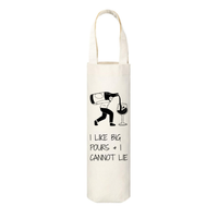 Canvas wine bag with an illustration of a man pouring wine into a glass from a bottle on his back is shown above text that reads "I Like Big Pours & I Cannot Lie" against a white background