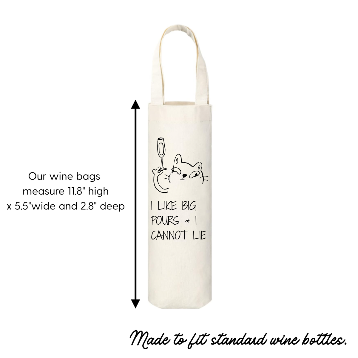 Canvas wine bag beside measurement details for the bag's height, width, and depth