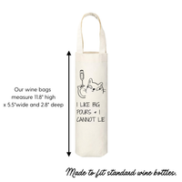 Canvas wine bag beside measurement details for the bag's height, width, and depth