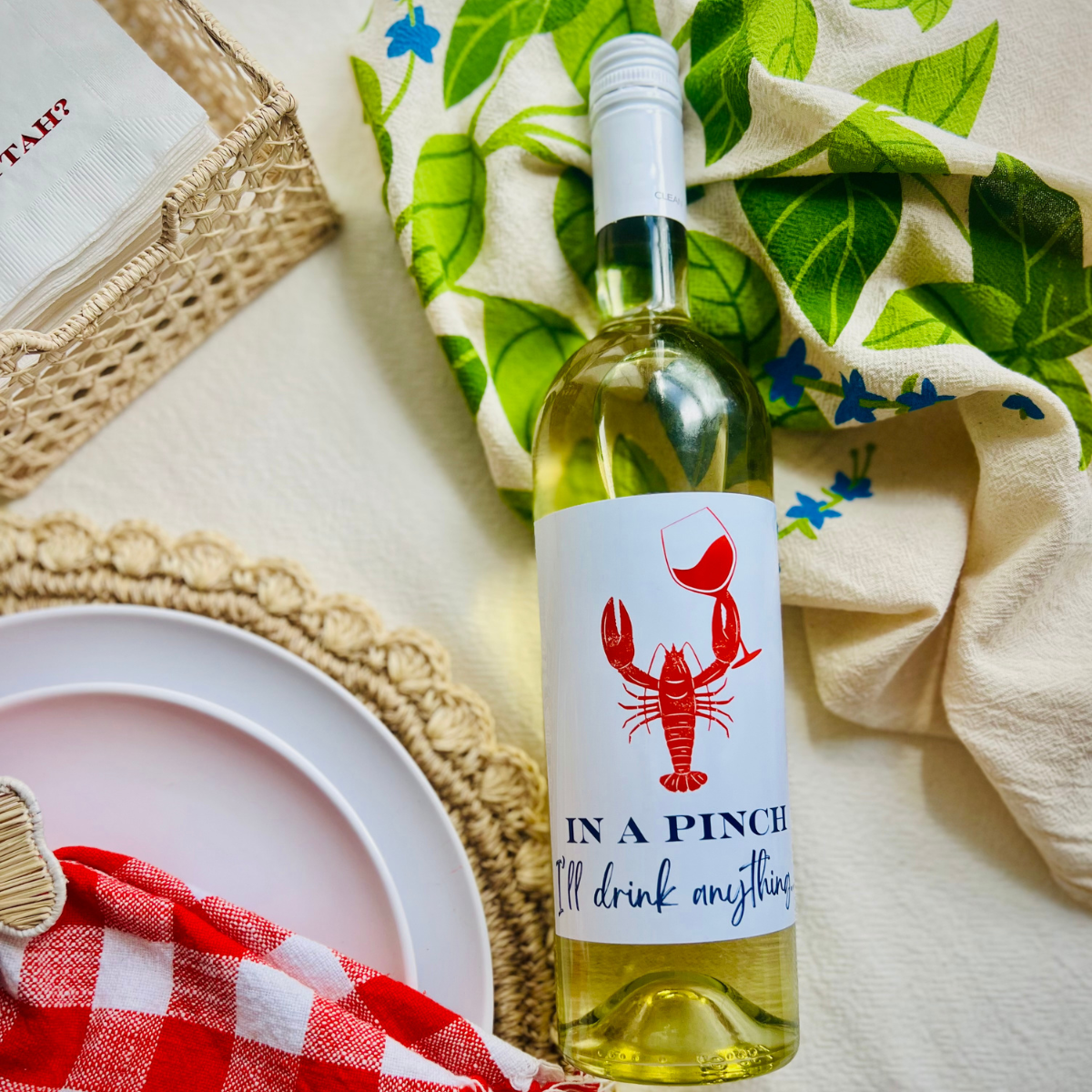 In A Pinch I'll Drink Anything Lobster Wine Label | Lobster Bake Décor