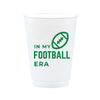 Clear game day plastic cup with green text and football graphic on a white background. The text reads "In my football era" and is meant for Super Bowl celebrations, watching parties, and football tailgates.