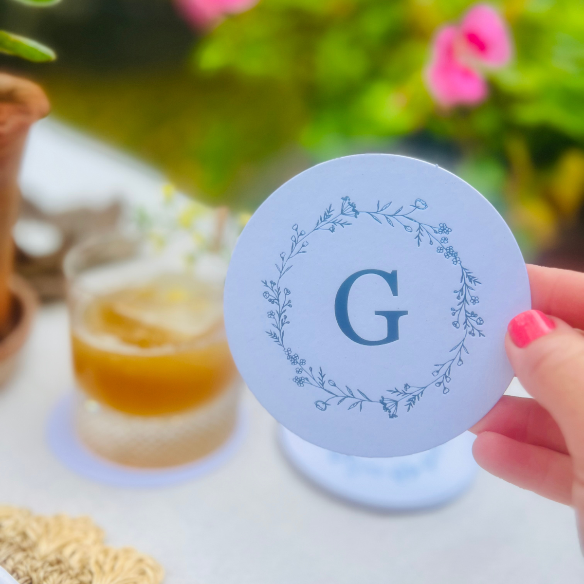 Custom Initial Round Pulpboard Coasters With Floral Border