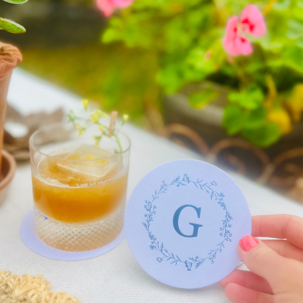 Custom Initial Round Pulpboard Coasters With Floral Border