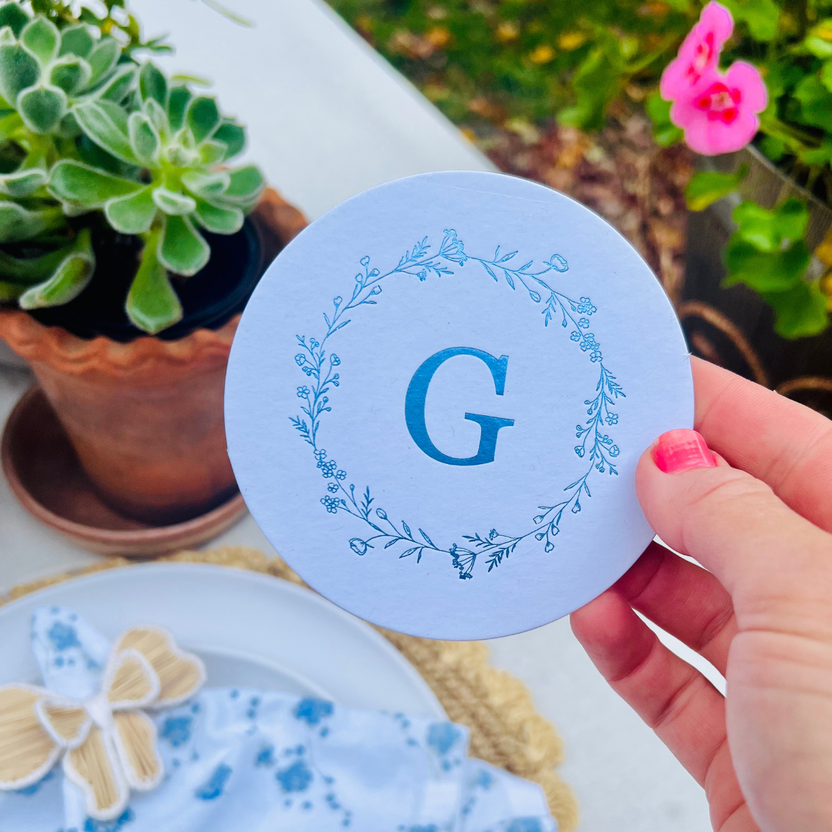 Custom Initial Round Pulpboard Coasters With Floral Border