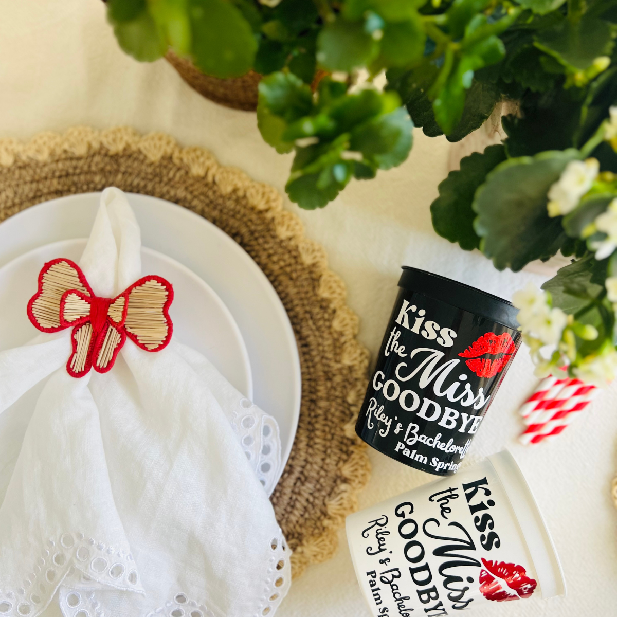 Handwoven Bow Napkin Ring with Red Trim