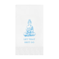 White paper pindot guest towel with blue Buddha illustration and textthat reads "Let That Shit Go" on a white background