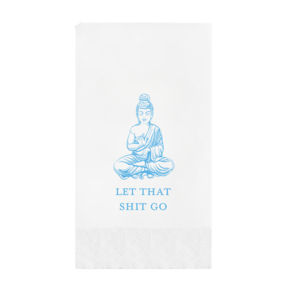 White paper pindot guest towel with blue Buddha illustration and textthat reads "Let That Shit Go" on a white background