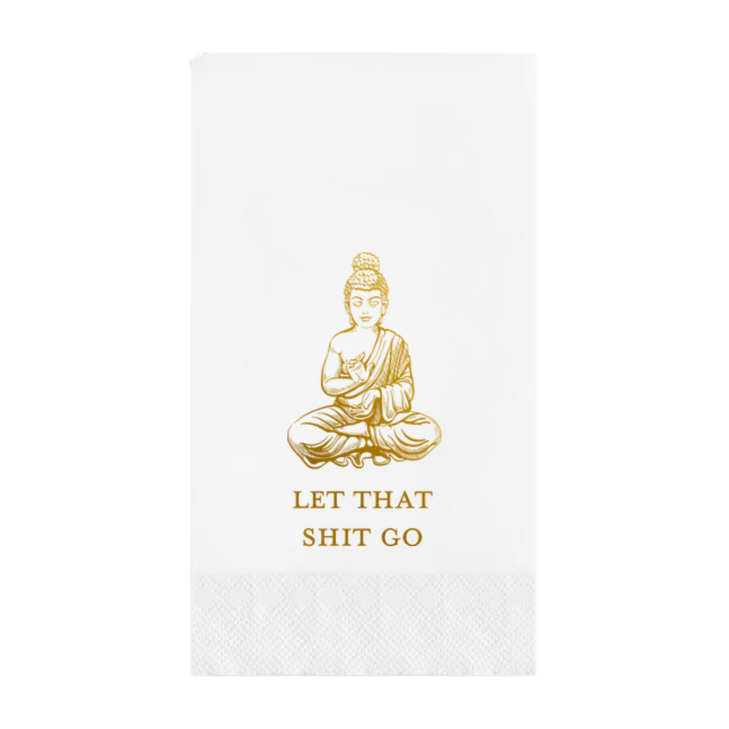 White pindot paper guest towel with gold Buddha illustration and text 'LET THAT SHIT GO' on a white background
