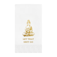 White pindot paper guest towel with gold Buddha illustration and text 'LET THAT SHIT GO' on a white background