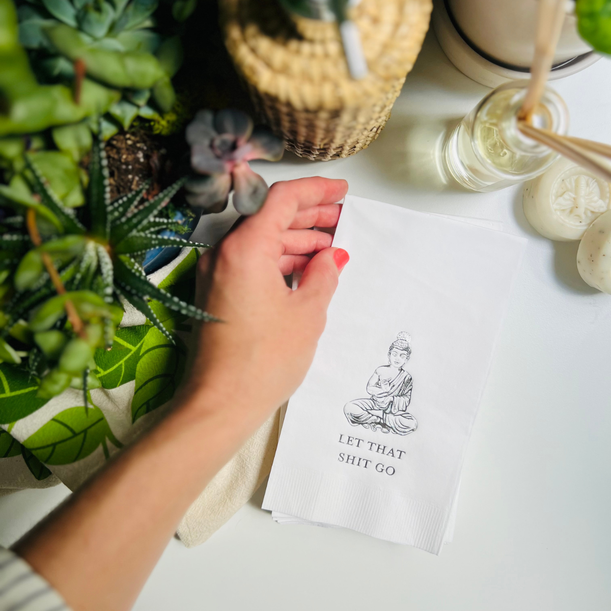 Let That Shit Go Silver Buddha Paper Guest Towels, Pack of 30 | Fun Guest Bathroom Décor