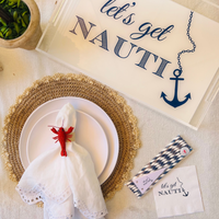 Let's Get Nauti Pennant Straw Tags With Striped Navy Paper Straws, Set of 8