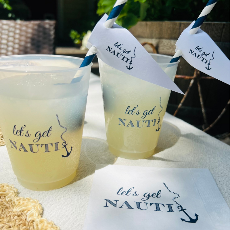 Let's Get Nauti Pennant Straw Tags With Striped Navy Paper Straws, Set of 8