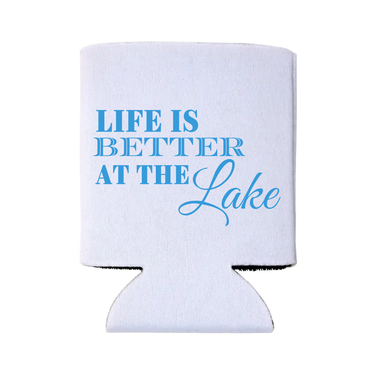 White can cooler with blue text 'Life is Better at the Lake' on a white background