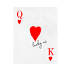 Queen and King of hearts wine label is shown with a red heart at the center and text that reads "lucky us." The wine label is shown against a white background and is perfect for Valentine's Day and anniversary gifting. 