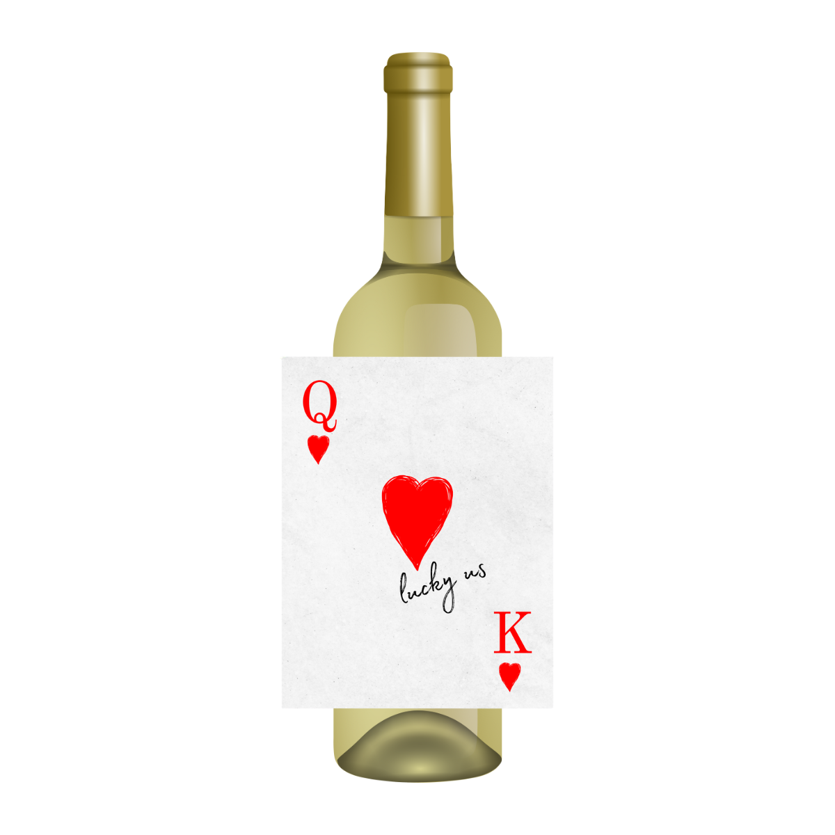 Wine bottle with a unique label featuring playing card symbols and text that reads "lucky us" against a white background