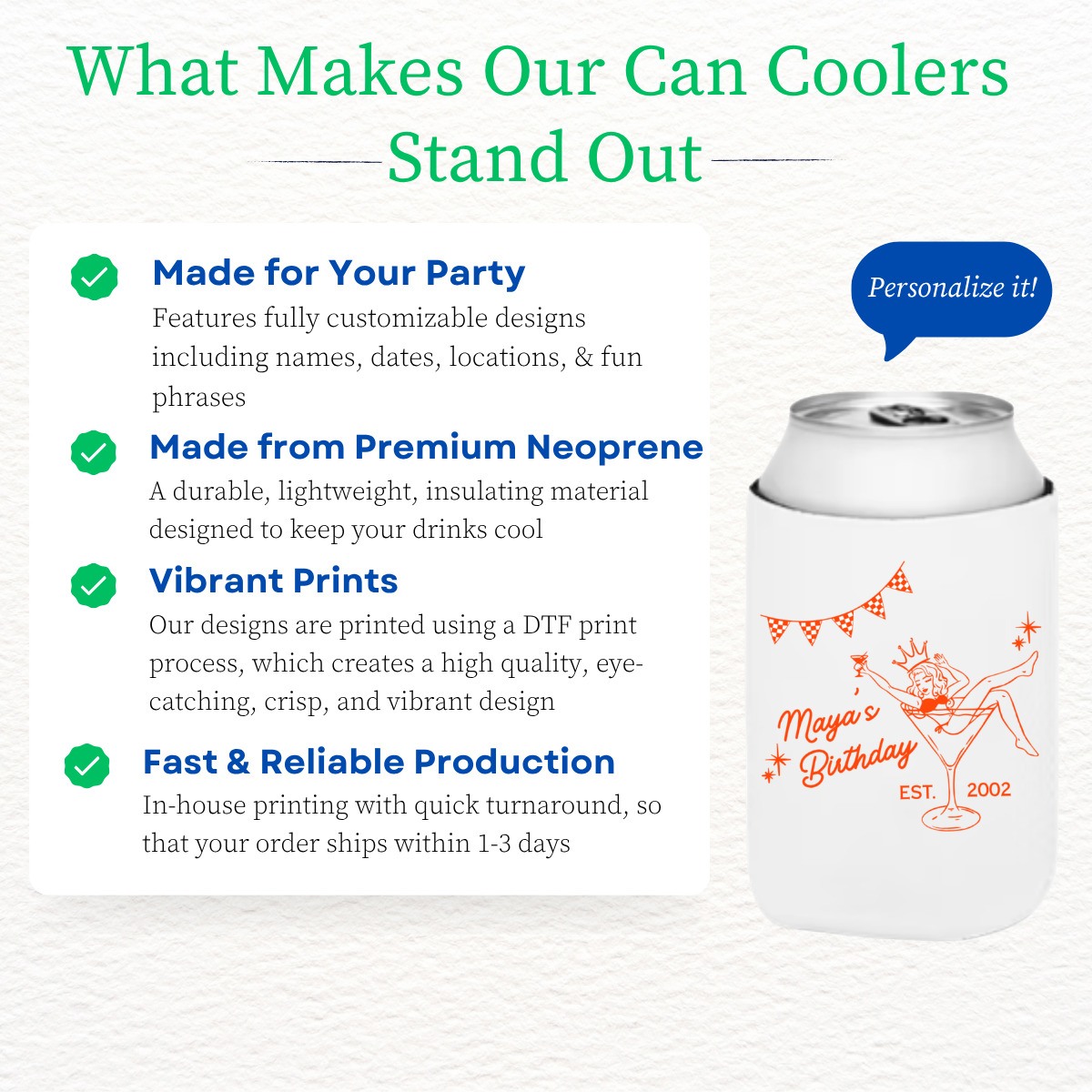 Martini Girl Custom Birthday Can Cooler Sleeves | Regular & Slim Fit