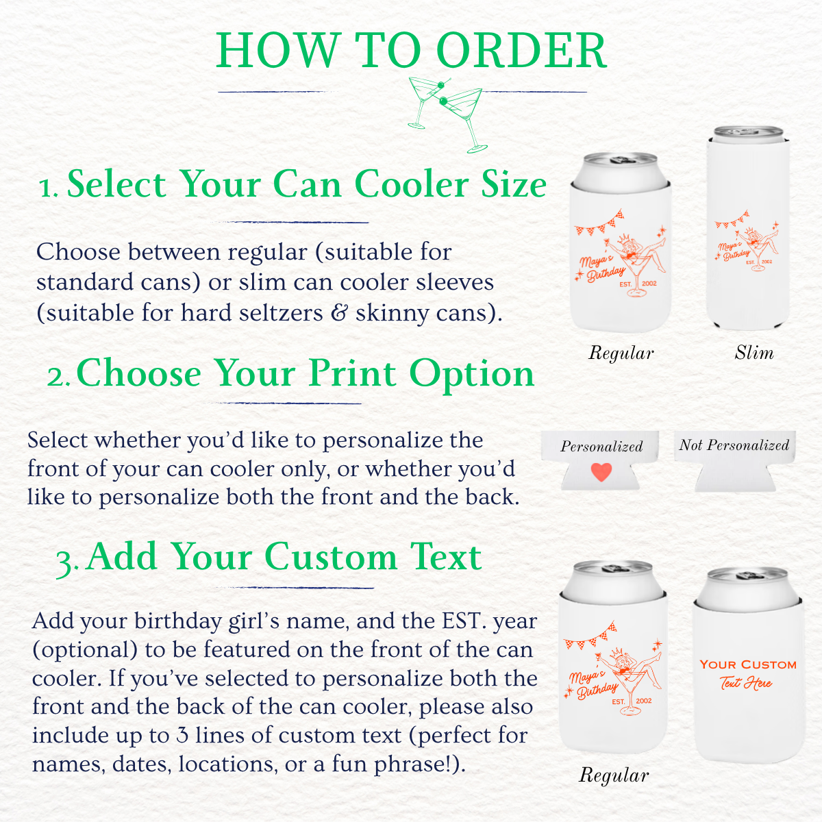 Martini Girl Custom Birthday Can Cooler Sleeves | Regular & Slim Fit