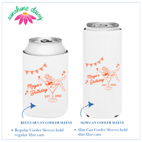 Two white insulated can coolers shown on a light gray background, one labeled 'REGULAR CAN COOLER SLEEVE' and one labeled 'SLIM CAN COOLER SLEEVE,' both printed with an orange birthday martini illustration and the text 'Moya's Birthday EST. 2002.