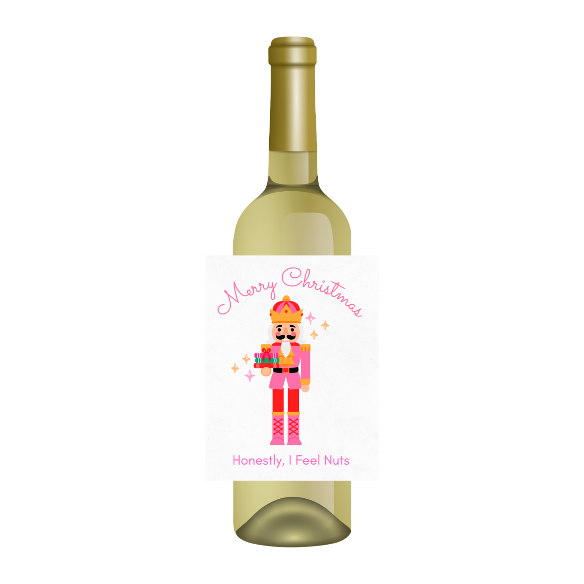 White wine bottle is shown with a fun Nutcracker-themed wine label. The wine label features a nutcracker design in bright colors with the text "Merry Christmas" arcing above the design, and a line of text that reads, "Honestly I feel nuts" below the image. The wine label is a fun way to dress up a wine bottle gift for the holidays.