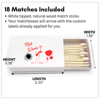 Mob wives matchbox with branding and dimensions on a white background