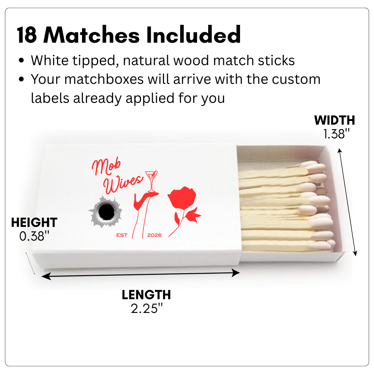 Mob wives matchbox with branding and dimensions on a white background