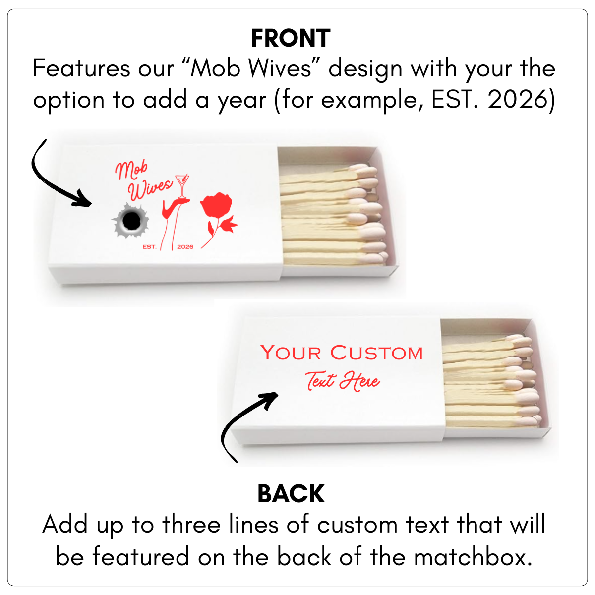 Matchboxes with 'Mob Wives' design and customizable text options on a white background.