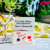 Matchbox with personalized text on a table with a cocktail and garden background. The front and back of the matchboxes are shown, to indicate the different ways these areas can be personalized