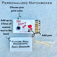 Personalized matchboxes with customizable text on a textured blue background for Mob  Wives parties and bachelorettes