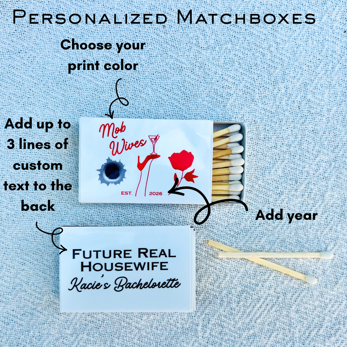 Personalized matchboxes with customizable text on a textured blue background for Mob  Wives parties and bachelorettes