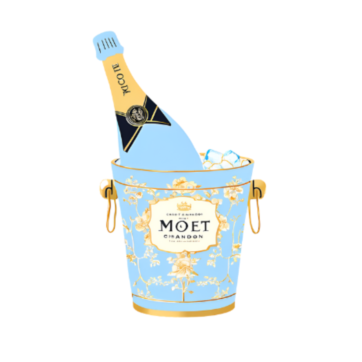 Moét napkin weight - champagne bottle in a decorative blue ice bucket on a white background