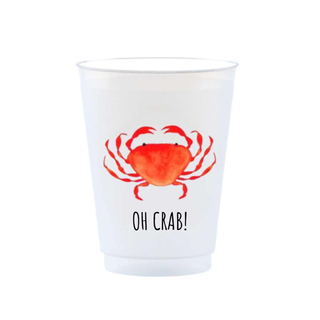 Clear frost flex cup with red crab design and 'OH CRAB!' text on a white background