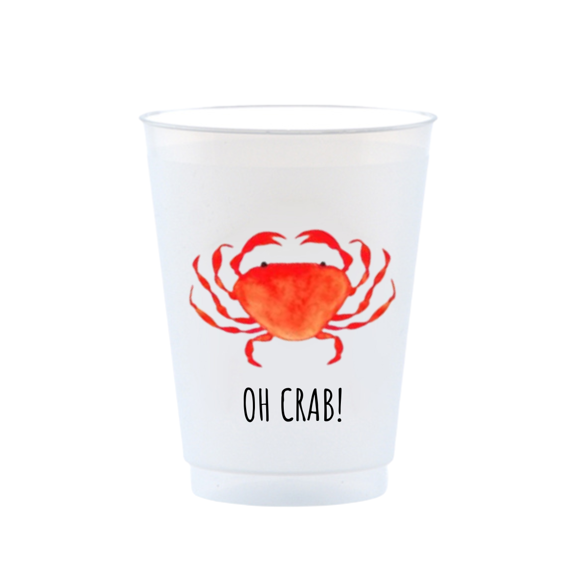 Clear frost flex cup with red crab design and 'OH CRAB!' text on a white background