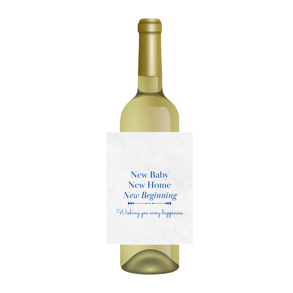 Wine bottle featuring a Sunshine Daisy 'New Baby, New Home, New Beginning" wine label. Perfect for closing gifts, new home gifts, and housewarmings.