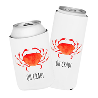 Two white can coolers with red crab designs and 'OH CRAB!' text on a white background