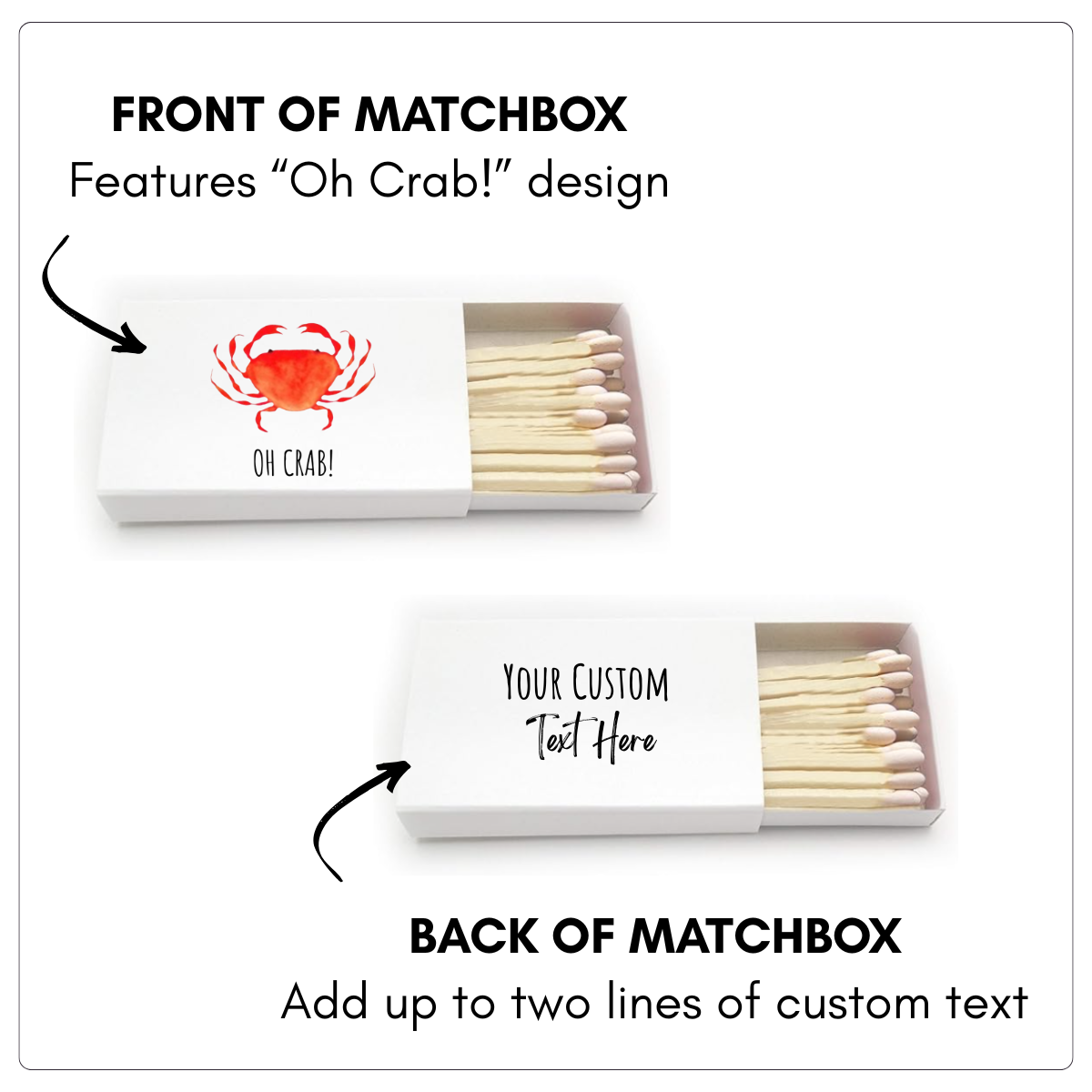 Matchbox with 'Oh Crab!' design on the front and customizable text area on the back.