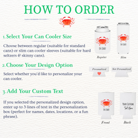 Instructions on how to order can coolers with a crab design, including size selection and customization options.