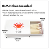 Matchbox with 'OH CRAB!' design and matchsticks, dimensions labeled.