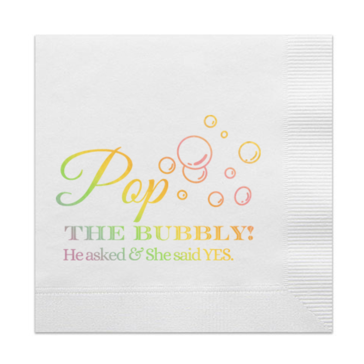 Pop The Bubbly! He Asked & She Said Yes Holographic Gold Engagement Napkins | Engagement Party Décor