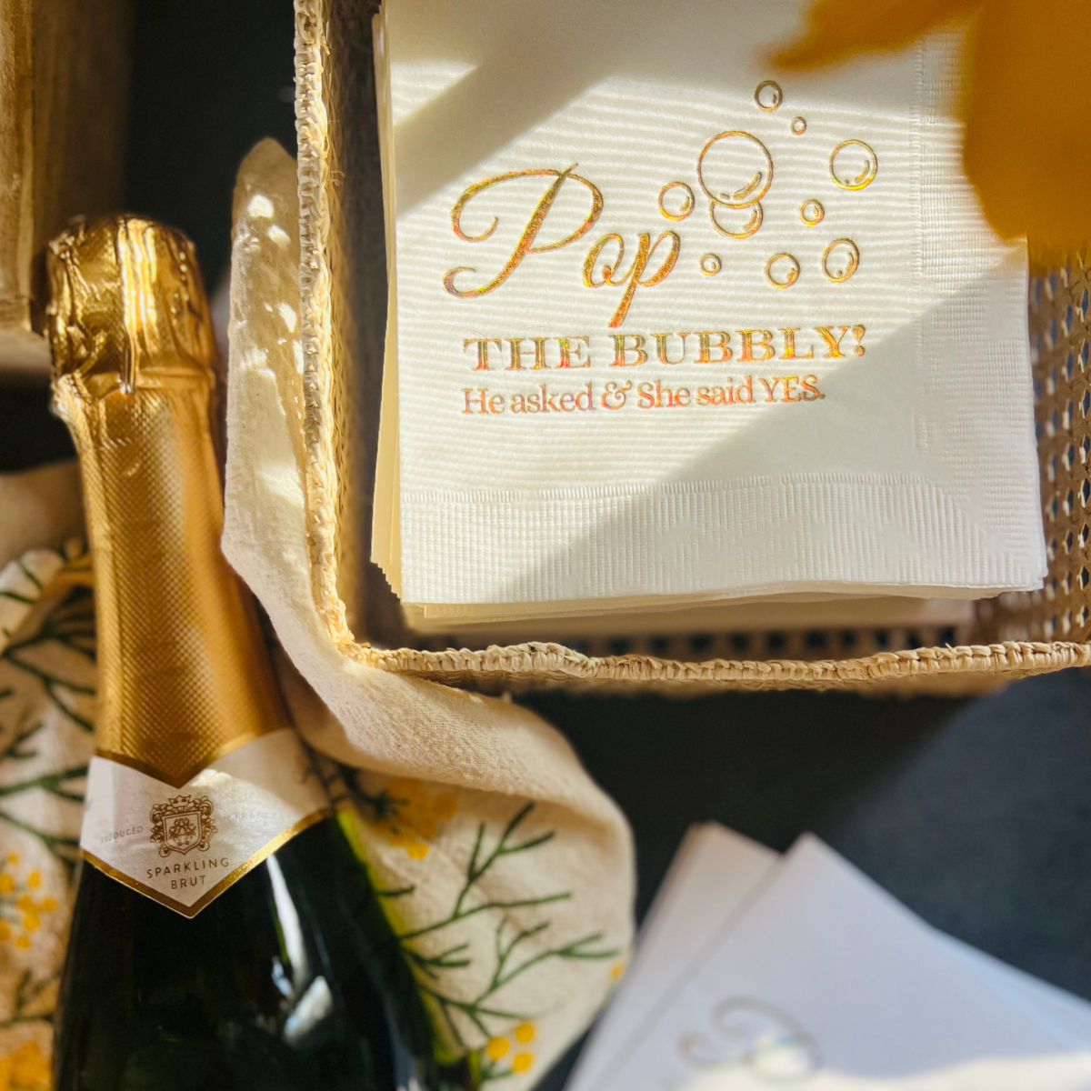 Pop The Bubbly! He Asked & She Said Yes Holographic Gold Engagement Napkins | Engagement Party Décor