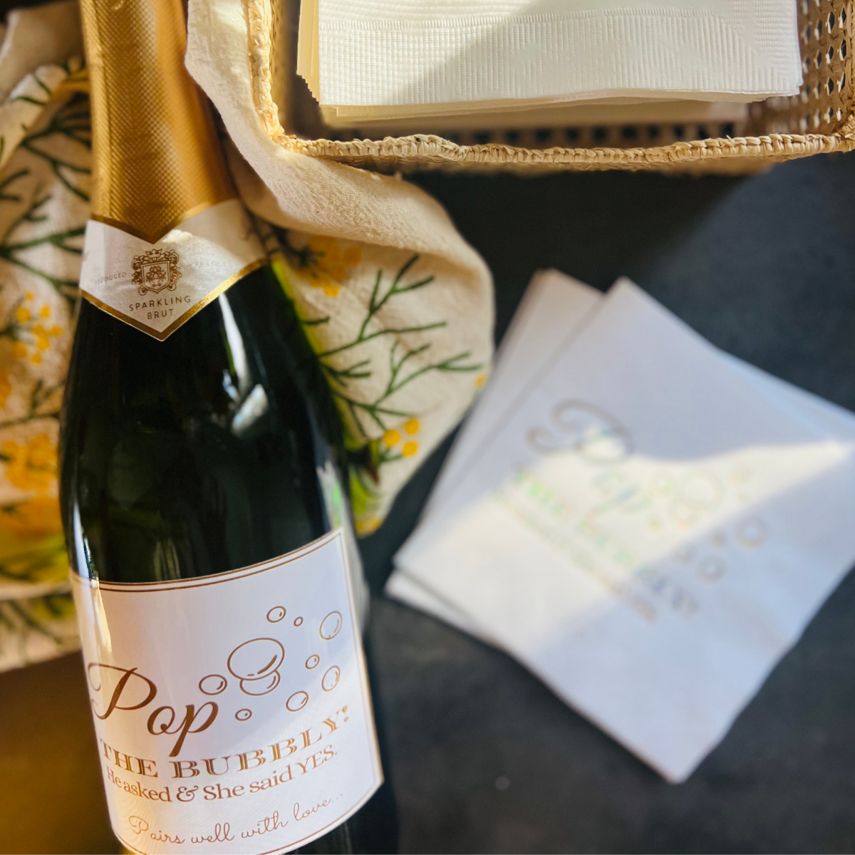 Pop The Bubbly! He Asked & She Said Yes Holographic Gold Engagement Napkins | Engagement Party Décor