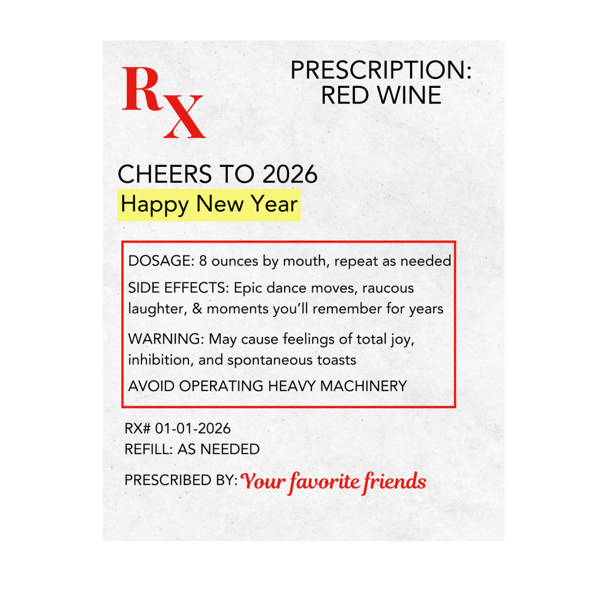 "Prescription: Red Wine" Funny New Years' Eve Wine Label - New Year's Eve Party Decor or Hostess Gift