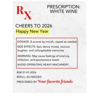 Prescription label for white wine with New Year's message on a white background