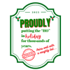 Close-up of a holiday-themed wine label with text that reads "PROUDLY putting the "HO" in holiday for thousands of years"   
