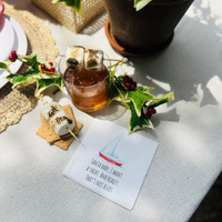 Santa Baby Holiday Napkin next to smores holiday cocktail and mistletoe
